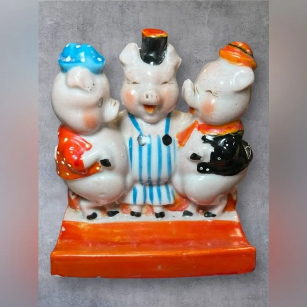 Vintage Gold Castle Japan Bisque Three Little Pigs Toothbrush Holder Figurine
